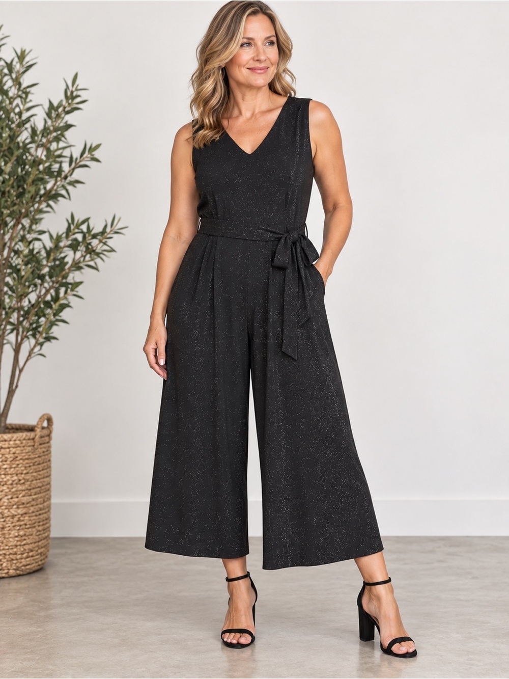Calvin Klein Women’s Jumpsuit Size 14 Black Metallic Tie Waist Sleeveless Romper